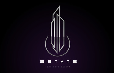 Silver Metal Real Estate Modern Monogram Logo Design. Real Estate Lines Abstract Buildings Icon.