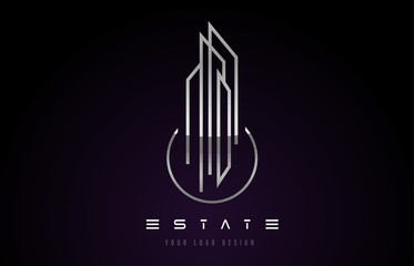 Silver Metal Real Estate Modern Monogram Logo Design. Real Estate Lines Abstract Buildings Icon.