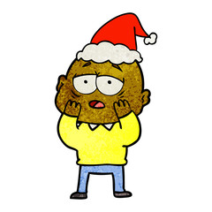 textured cartoon of a tired bald man wearing santa hat