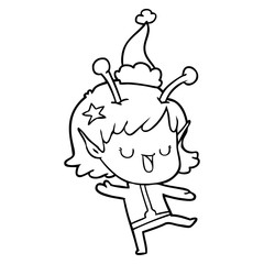 happy alien girl line drawing of a wearing santa hat
