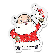 distressed sticker of a cartoon santa claus waving hat