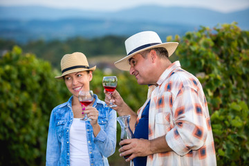 Couple in Vineyard Harvesting Grapes and tasting vine