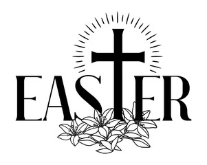 Happy Easter concept illustration. Cross and lilies.