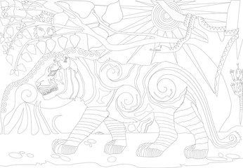Irrational spiral rainbow tiger animal in the jungle with snake and tree under the sun coloring book page for adults