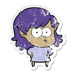 distressed sticker of a cartoon elf girl staring