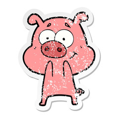 distressed sticker of a happy cartoon pig