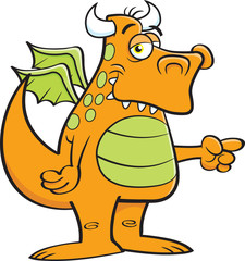 Cartoon illustration of a winged dragon pointing.
