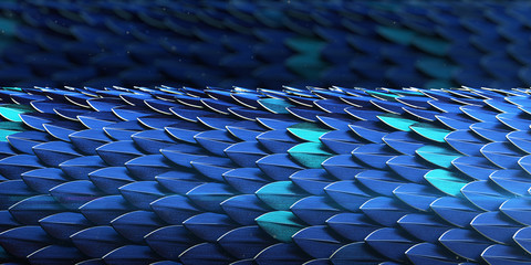 Blue and gold dragon reptile fish snake skales squama pattern backround. dragon skin 3d rendered background