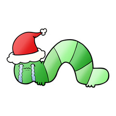 gradient cartoon of a caterpillar obsessing over his regrets wearing santa hat