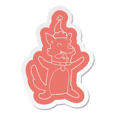 cartoon  sticker of a happy dog wearing santa hat