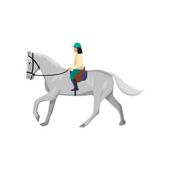 Woman and gray horse isolated on white background