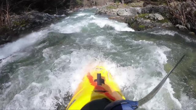 First person view of whitewater kayak on the Applegate River on the border of California and Oregon