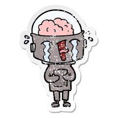 distressed sticker of a cartoon crying robot