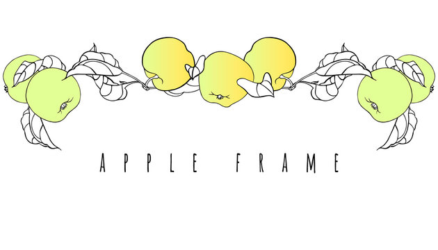 Apples on the branch. Border, decoration of plant elements. Linear vector graphics with fruits and leaves.