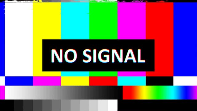 Glitch on the screen of TV and error broadcasting or problems with connection having colorful stripes and words - No signal.