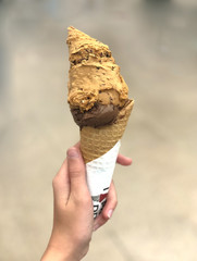 Helado de chocolate y dulce de leche de cerca