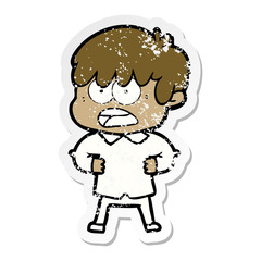 distressed sticker of a worried cartoon boy
