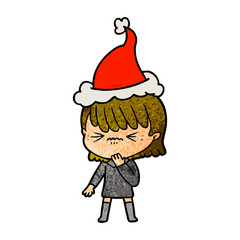 textured cartoon of a girl regretting a mistake wearing santa hat