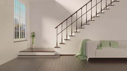 Home interior with a stairs and wooden floor. White sofa. 3D rendering.