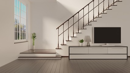 Home interior with a stairs on a second floor and window. TV on a console. White walls. 3D rendering.