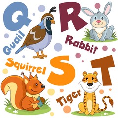 A set of letters with pictures of animals, words from the English alphabet. For the education of children.Character animals and birds quail, hare, rabbit, squirrel with a nut and a tiger.