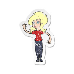 retro distressed sticker of a cartoon pretty woman waving