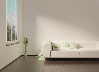 Home interior in Scandinavian style with a white sofa. 3D rendering.