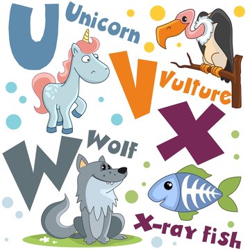 A set of letters with pictures of animals, words from the English alphabet. For the education of children. Animal characters are wolf, rengen fish, bird vulture and unicorn.