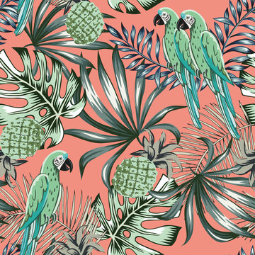 Macaw green parrots, palm leaves, pineapples, pink living coral background. Vector floral seamless pattern. Tropical illustration. Exotic plants, birds. Summer beach design. Paradise nature