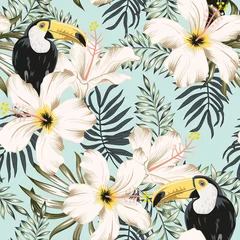 Printed kitchen splashbacks Hibiscus Toucans, white hibiscus flowers, palm leaves, light blue background. Vector floral seamless pattern. Tropical illustration. Exotic plants, birds. Summer beach design. Paradise nature