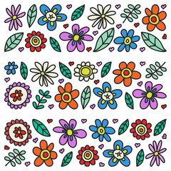 Obraz premium Vector set of child drawing flowers icons in doodle style. Painted, colorful, pictures on a piece of paper on white background.