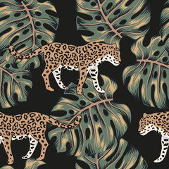 Tropical leopard animal, monstera palm leaves, black background. Vector seamless pattern. Graphic illustration. Exotic jungle plant. Summer beach floral design. Paradise nature