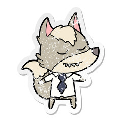 distressed sticker of a friendly cartoon boss wolf