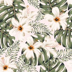 Tapeten Hibiskus Tropische weiße Hibiskusblüten, Monstera-Palmenblätter, weißer Hintergrund. Vektor nahtlose Muster. Dschungellaubillustration. Exotische Pflanzen. Blumenmuster am Sommerstrand. Paradies Natur