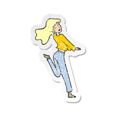 retro distressed sticker of a cartoon happy girl kicking out leg