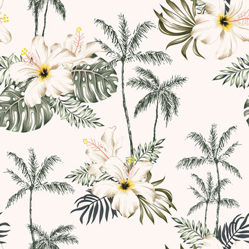 Tropical hibiscus flowers and palm trees, leaves, white background. Vector seamless pattern. Graphic illustration. Exotic plants. Summer beach floral design. Paradise nature