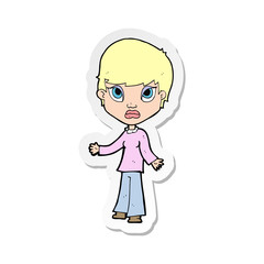 sticker of a cartoon woman shrugging shoulders