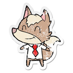 distressed sticker of a friendly cartoon wolf office worker