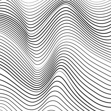 Black squiggle lines on a white background. Monochrome op art design. Vector simple pattern. Tech concept, thin curves, subtle lines. Abstract digital graphic, deformed surface. EPS10 illustration