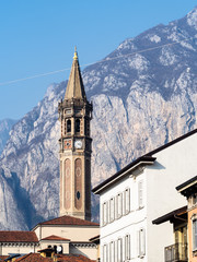 bell tower San Nicolo over houses in Lecco city - obrazy, fototapety, plakaty