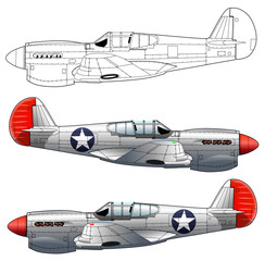Old military aircraft fighter on white background, vector illustration