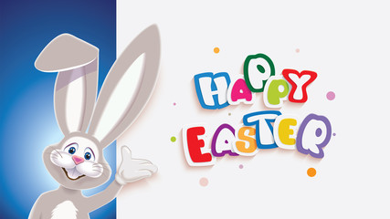 Cute Easter Bunny next to white signboard with colorful text -Happy Easter- isolated on a blue background