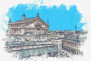 Watercolor sketch or illustration of a beautiful view of the ancient building of the Opera Garnier and other architecture in Paris in France