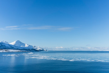 Eisschollen im arktischen Wasser am Grøtfjord in Norwegen