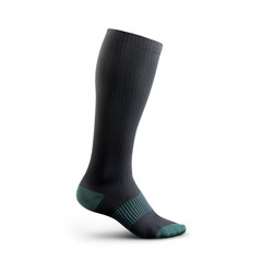 Sock in high resolution on an isolated white background socks gaiters of black color with birch inserts. Compression sock for sports activities poisoned on a white background