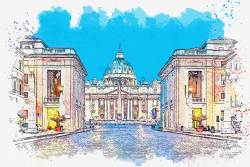 Watercolor sketch or illustration of the beautiful view of the Basilica of St. Peter in Rome in Italy