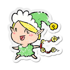 distressed sticker of a cartoon happy christmas elf