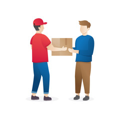 Vector illustration concept for delivery service. Courier giving cardboard package to another. receiving package from courier to customer. Delivery Courier Shipping Concept Flat Vector Illustration