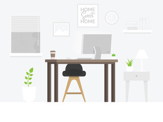 Design of modern home office designer workplace. Creative office workspace. Modern graphic office room interior with furniture, Table, chair, Computer. Flat style vector illustration - Vector