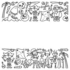 Vector set of pirates children's drawings icons in doodle style. Painted, black monochrome, pictures on a piece of paper on white background.